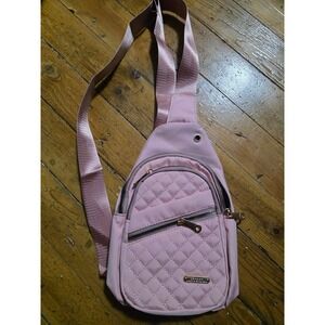 Jingpin Creations Pink Quilted Nylon Sling Bag Crossbody‎ Backpack Gold Hardware